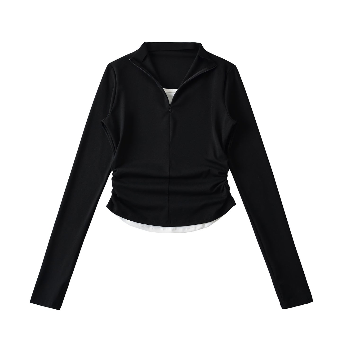 Fake two and a half zipper pleated tops+low waisted horseshoe micro flared pants