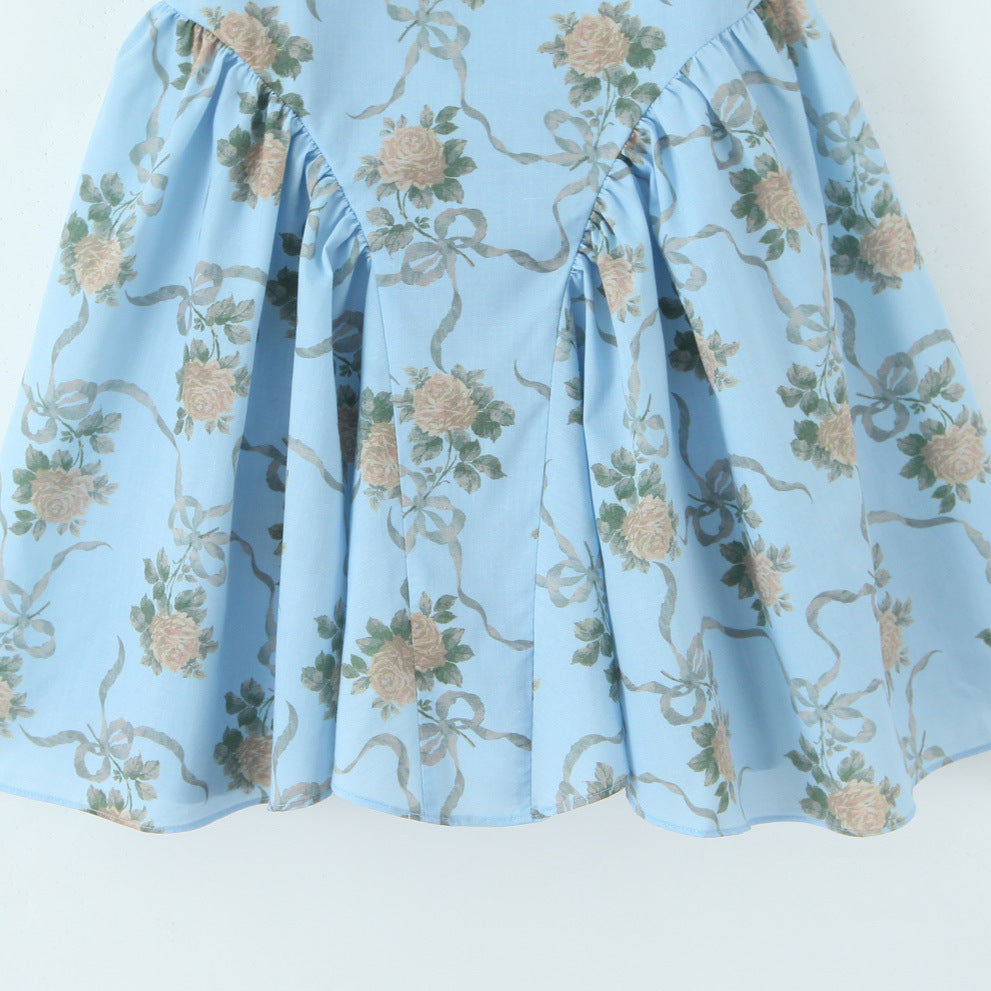 Palace style square neck bubble sleeves lace patchwork printed dress for women