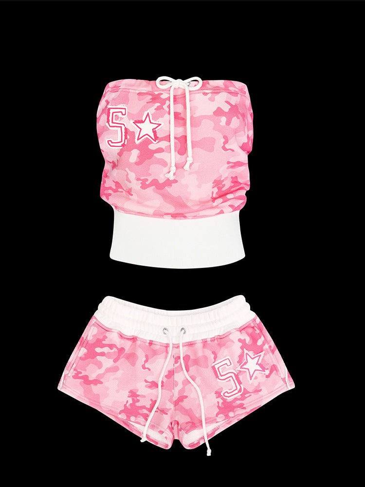 Y2K Retro Digital Print Tube Top and Strap Shorts Set for Casual Vacation Wear