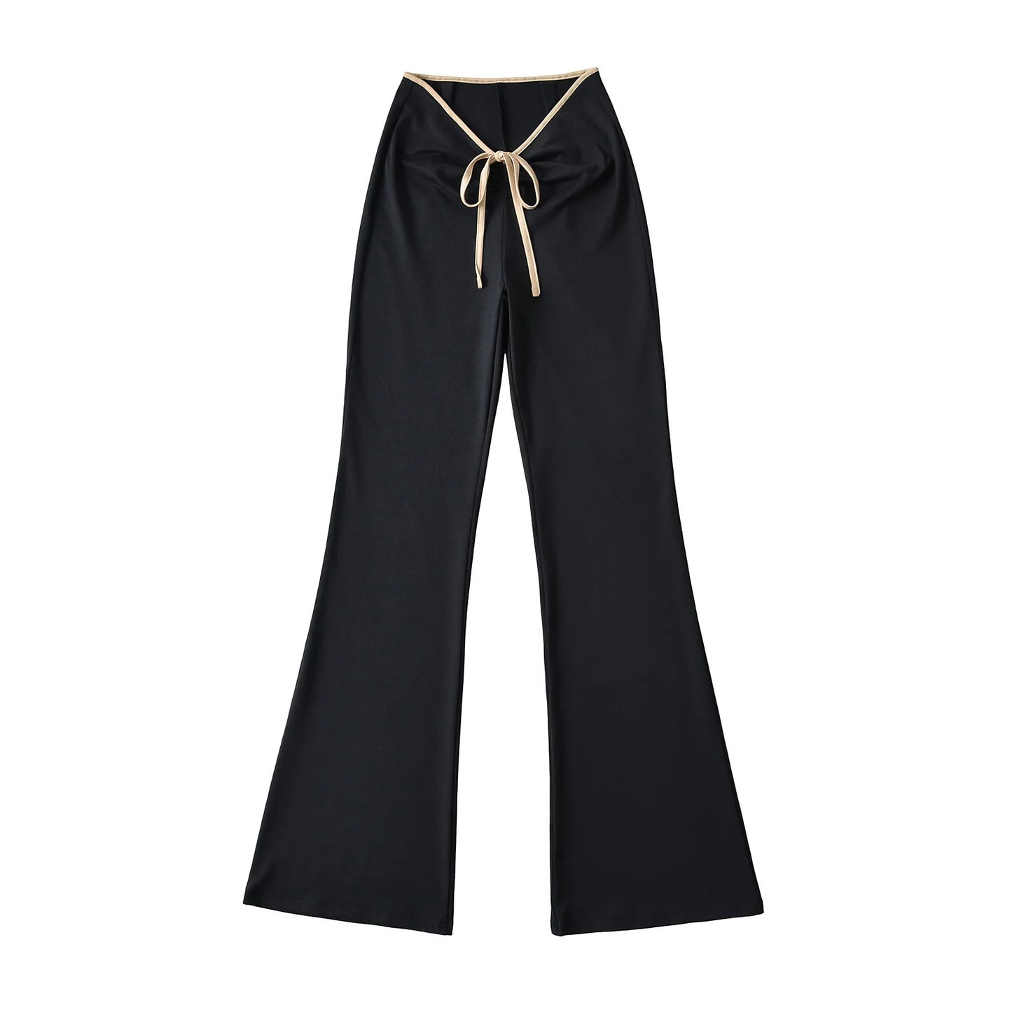 Two piece set of contrasting color wrapped square neck short sleeved T-shirt+V-shaped waist strap flared casual pants