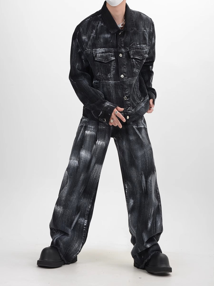 Unique Washed Vintage Denim Splatter Ink Suit Design Loose Jacket Top for Men and Women