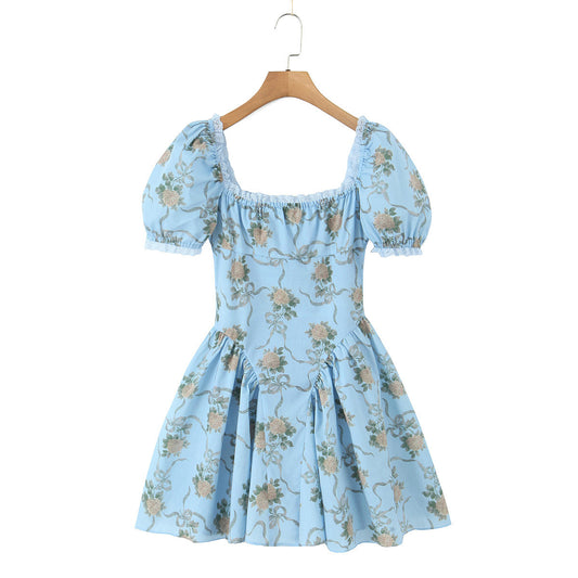Palace style square neck bubble sleeves lace patchwork printed dress for women