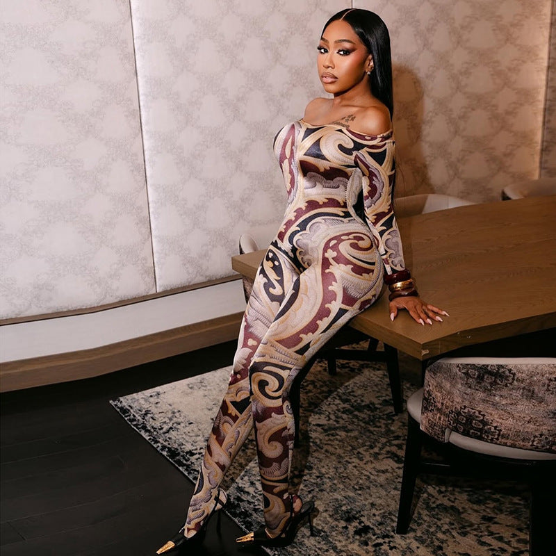 Printed one shoulder strapless long sleeved slim fit pants jumpsuit