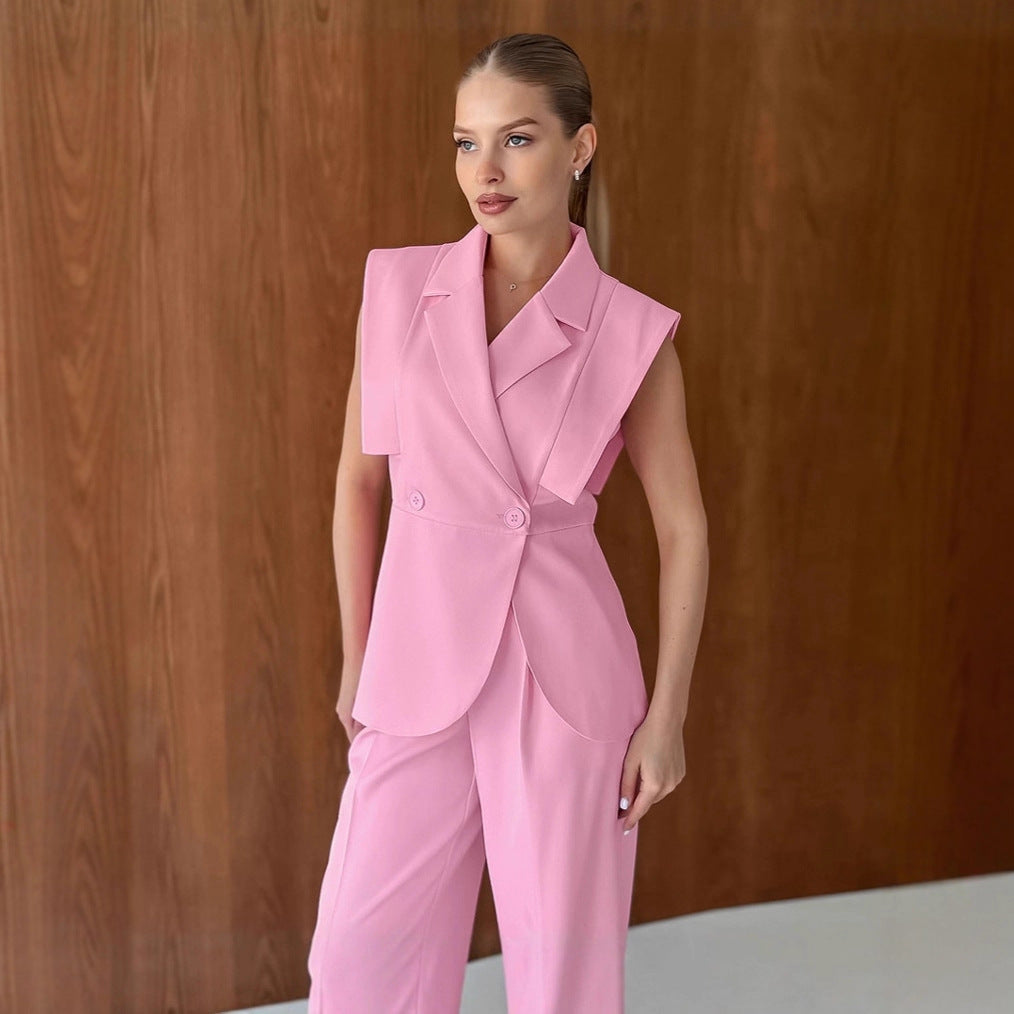 Commuting Pink Suit Vest and Long Pants Two-Piece Set for Women Autumn  Professional Workwear Set