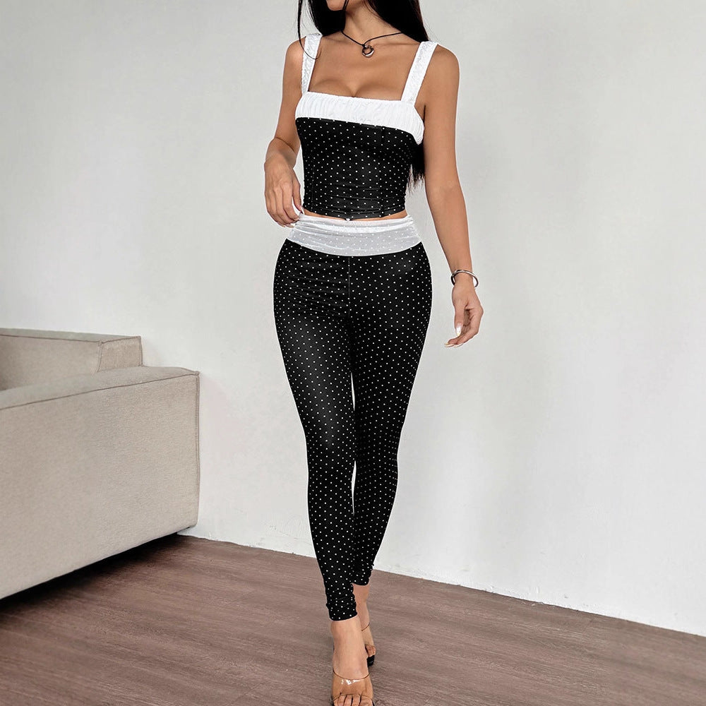Two-Piece Set Sexy Strap Color Block Camisole Slimming Long Pants