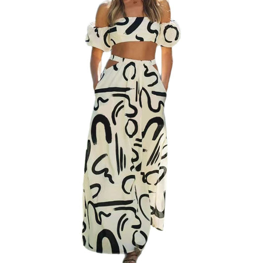 Bubble Sleeve Top Hollow Flare Long Skirt Separated Dress Set