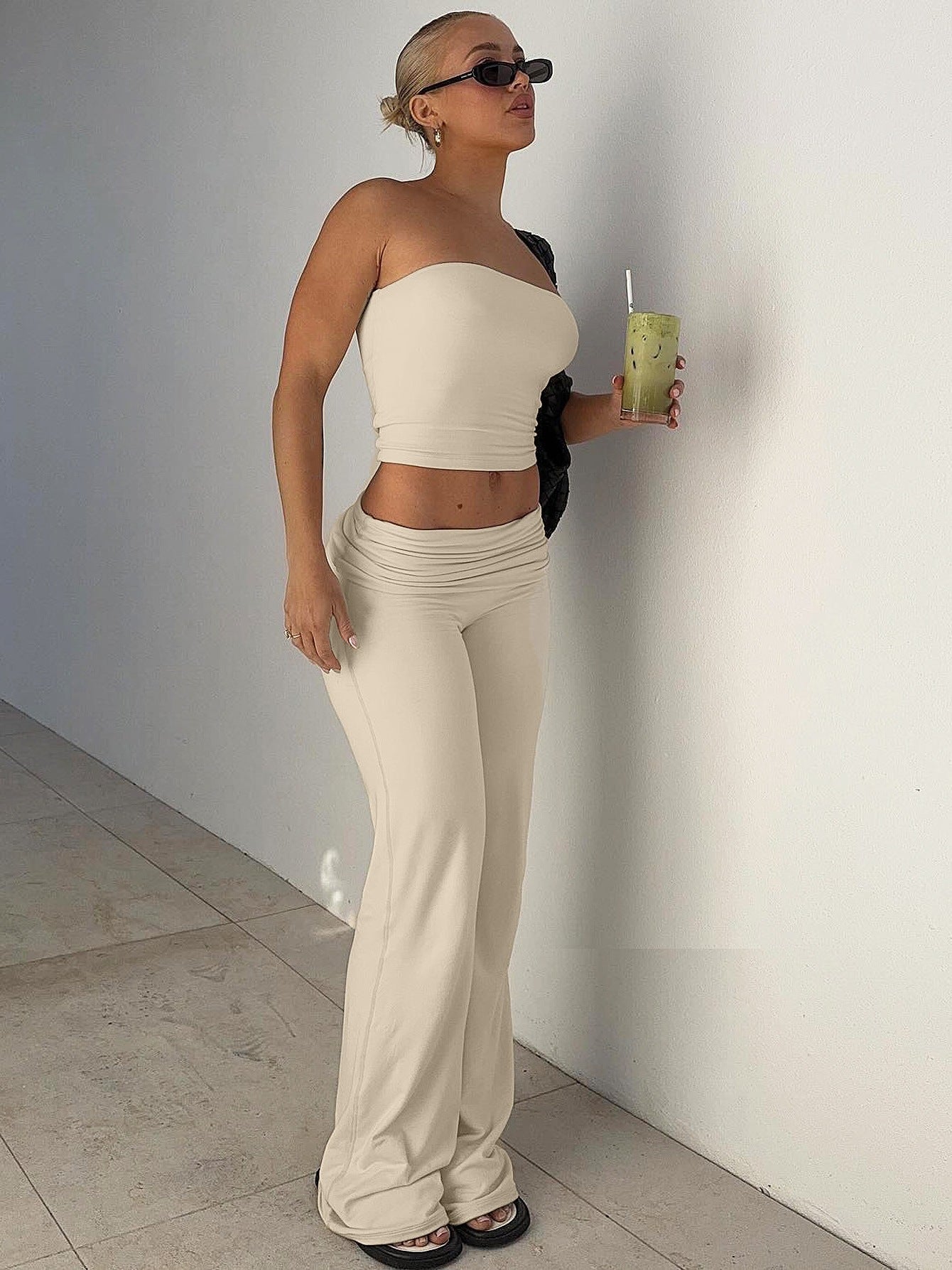 Solid Color Trumpet Neck Tube Top and Long Pants Slimming Set for Women Fashion New Arrival Summer Wear