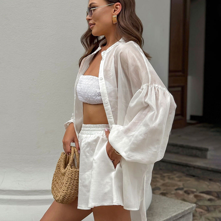 Tencel Small Stand Collar Long Sleeve Top with Wide Leg Shorts Set Design Sense Temperament
