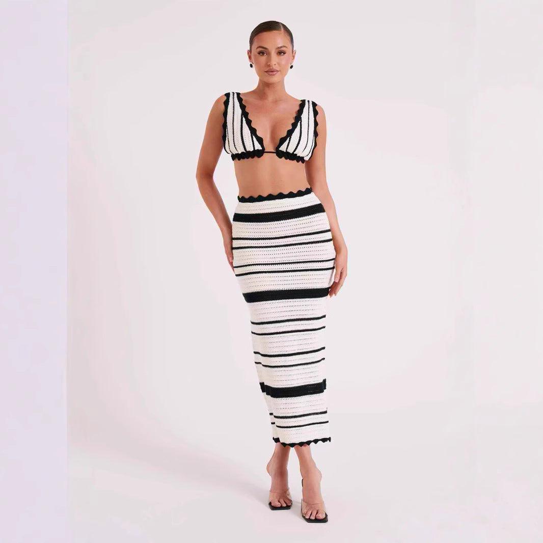 Women's Knitted Strap Camisole Top and Skirt Fashion Set