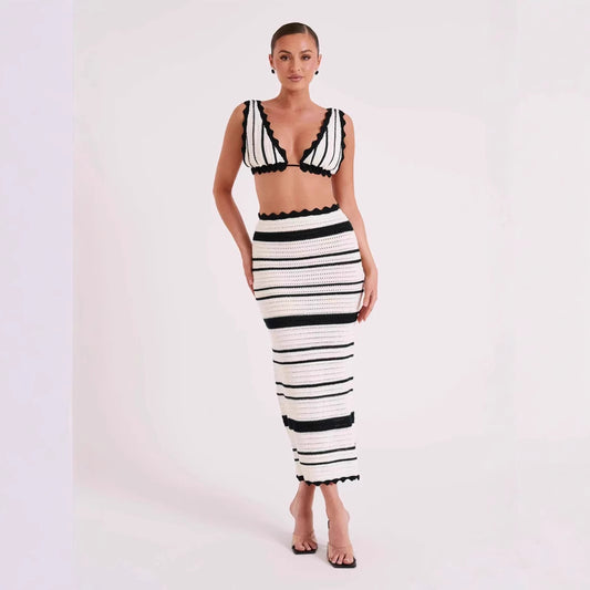 Women's Knitted Strap Camisole Top and Skirt Fashion Set