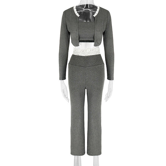 Hollow Knit Lace Trim Cardigan Slim Long Sleeve Trousers 3-Piece Set for Women