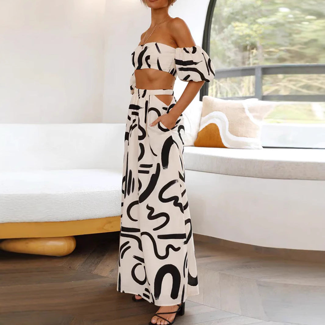 Bubble Sleeve Top Hollow Flare Long Skirt Separated Dress Set