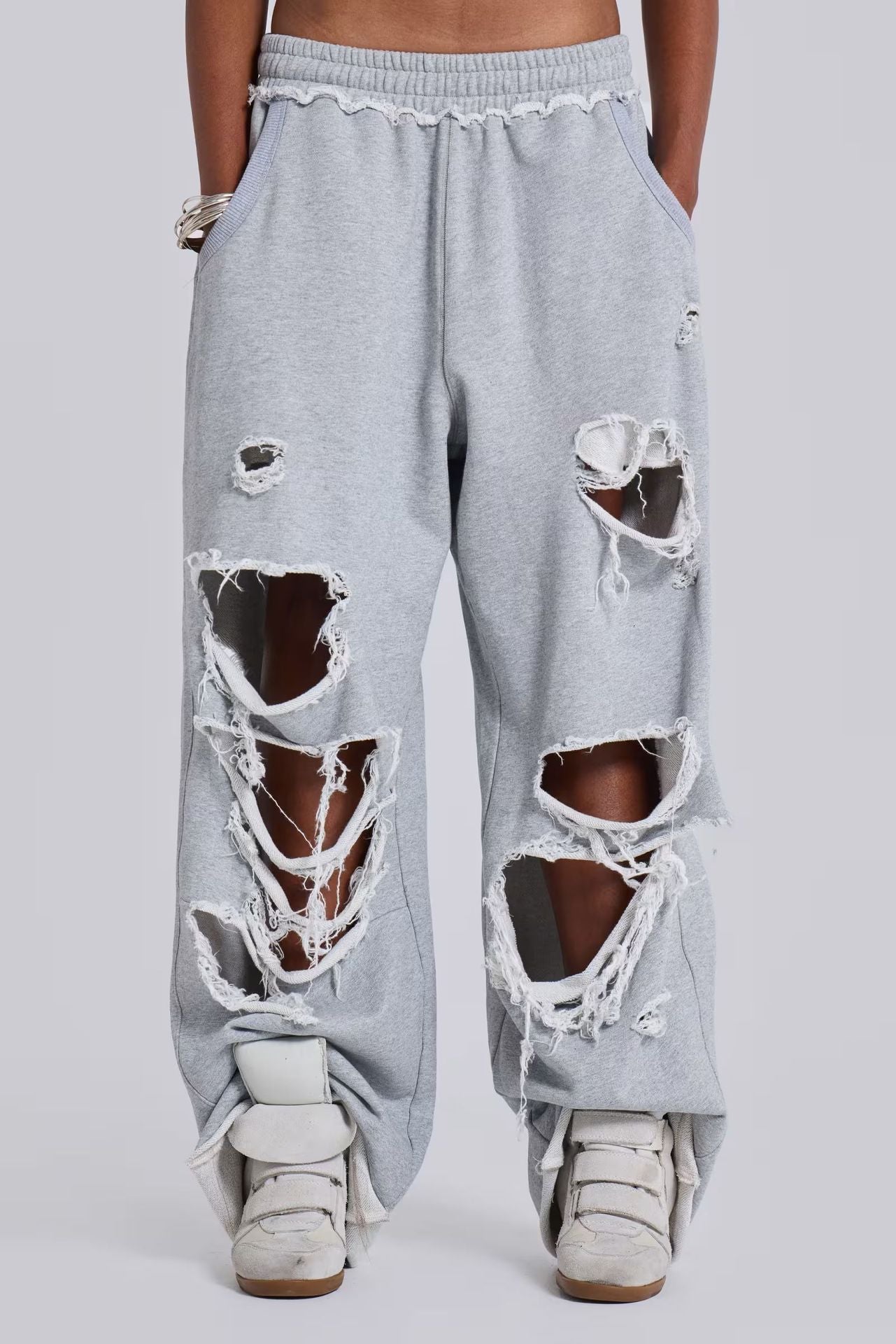 Style Trendy Casual Pants Street Hip-hop Distressed Design Wide-leg Loose Sweatpants