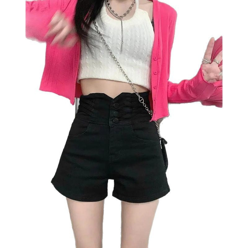 Casual A-line Denim Shorts for Women High Waist Slimming Straight Leg Jeans