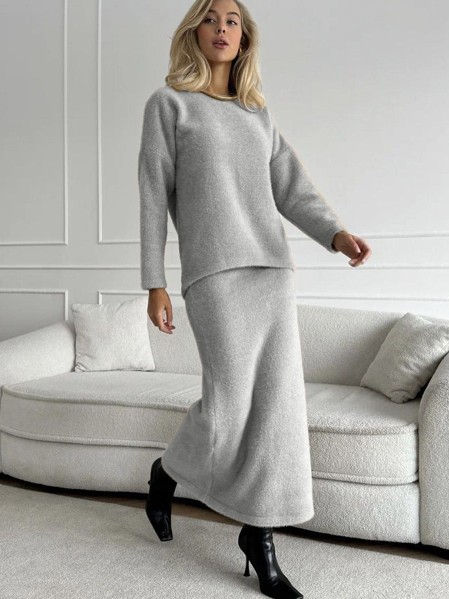 Elegant Soft Thickened Round Neck Sweater  Fish Tail Skirt Two-Piece Set for Women OL Style Top Skirt Suit