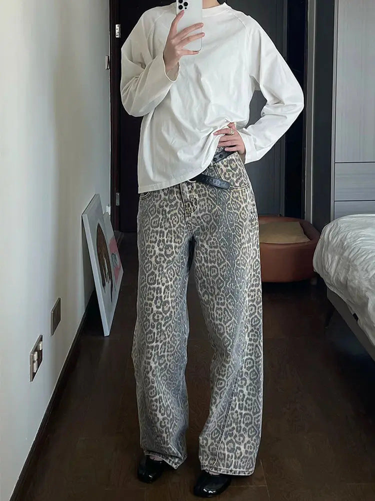 Retro Leopard Print Denim Pants Street Hip Hop Beige Straight Wide Leg High Waist Loose Denim Pants for Women