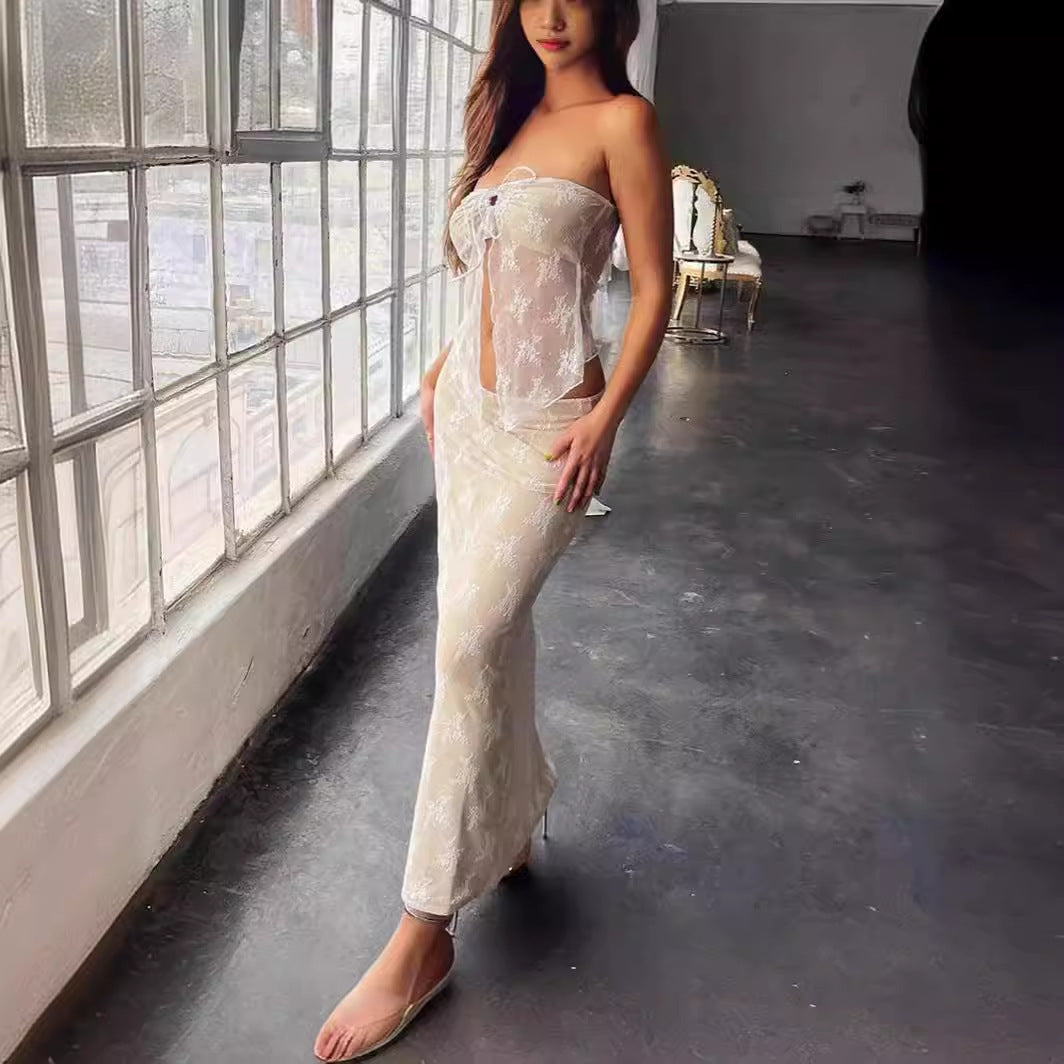 Sexy lace patchwork chest hugging slim fit hip hugging mid length long skirt set