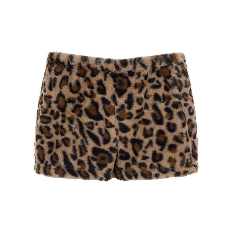 Women's Leopard Print Fuzzy Low Waist Pants One Shoulder Tight Long Sleeve T-Shirt Casual Suit