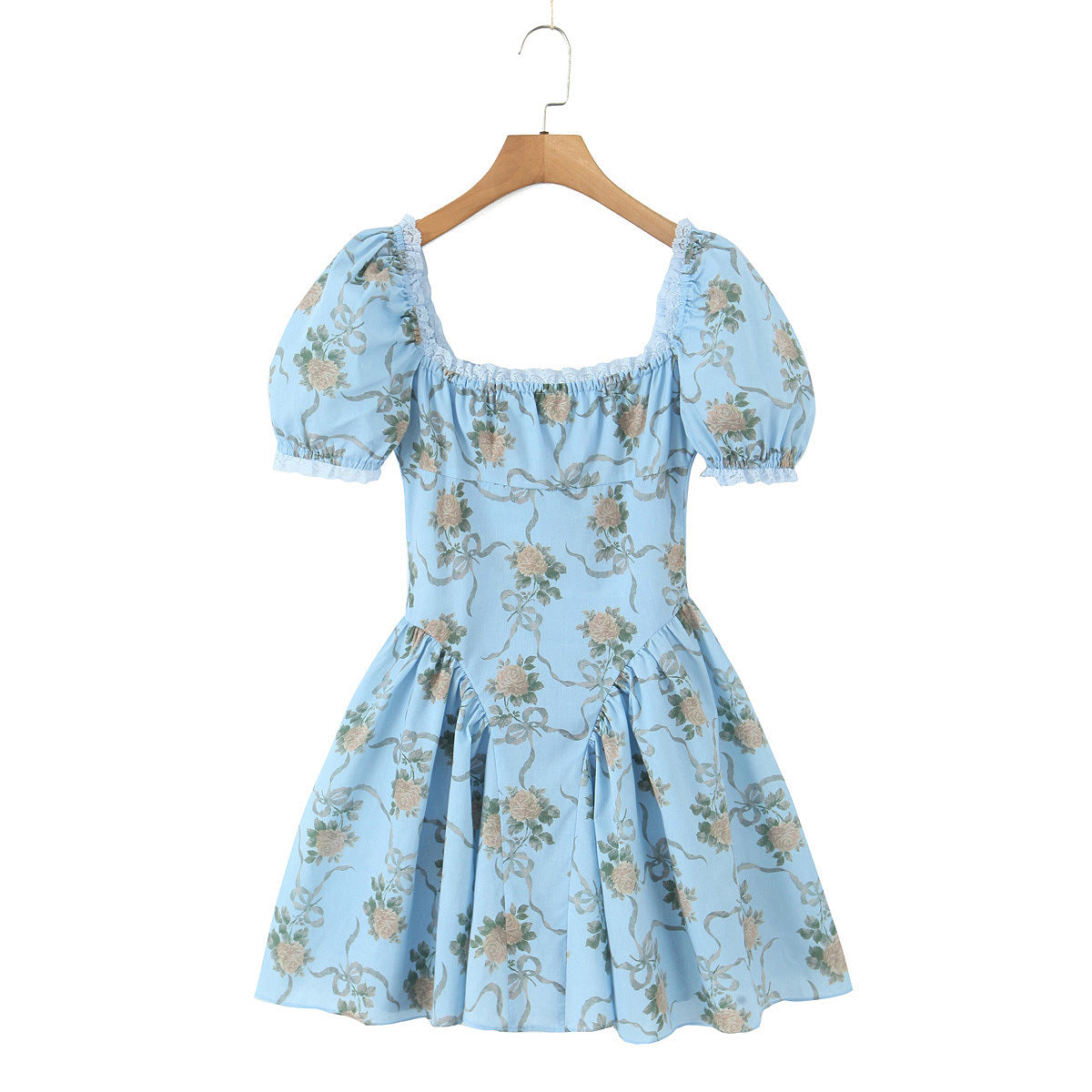 Palace style square neck bubble sleeves lace patchwork printed dress for women