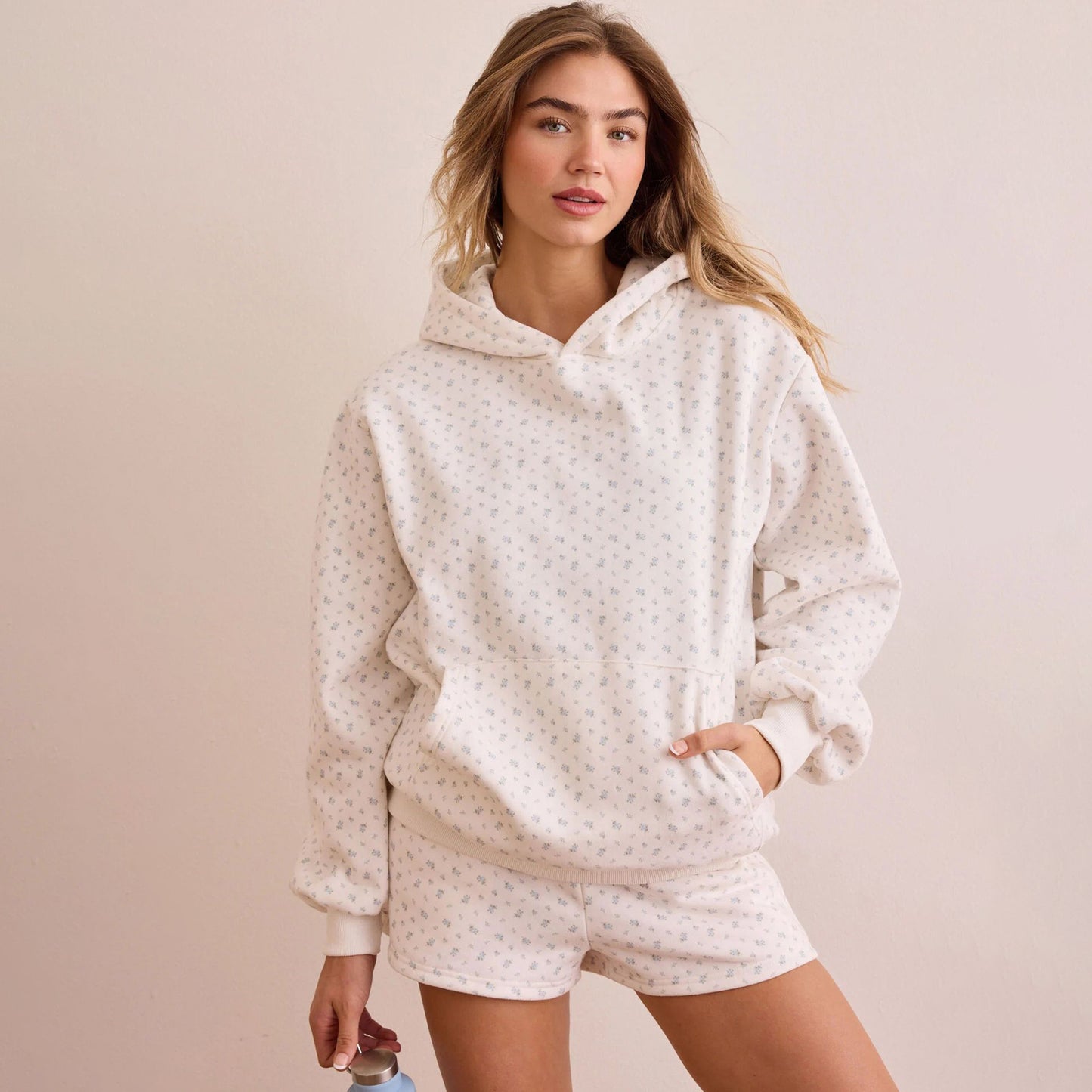 Loose Floral Hooded Sweatshirt High-Waist Sports Shorts Home Leisure Two-Piece Set