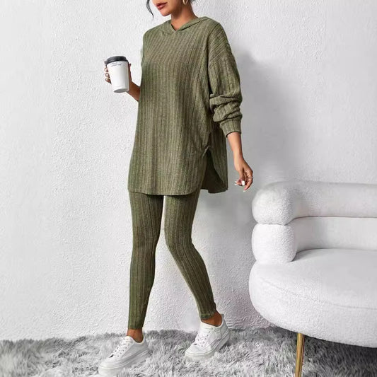 Autumn and Winter Style Loose Hooded Long Sleeve Casual Trousers Ribbed Suit