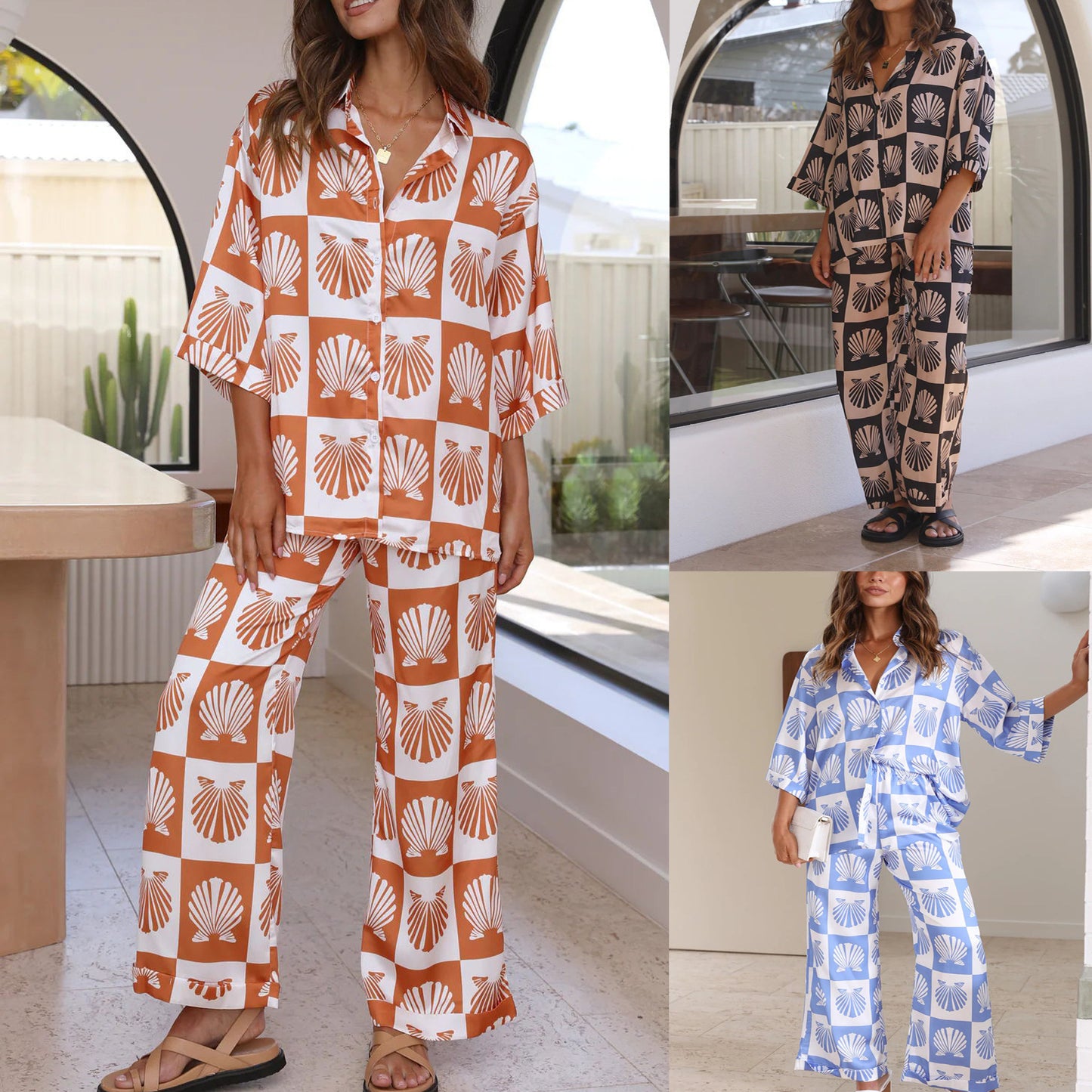 Casual Three-Quarter Sleeve Shirt Set for Women - Loose Satin Piece Suit