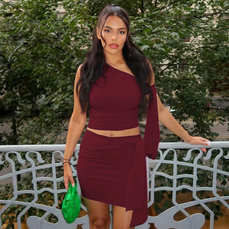 Women's Oblique Collar Tied Top with Fitted Pleated Skirt Set