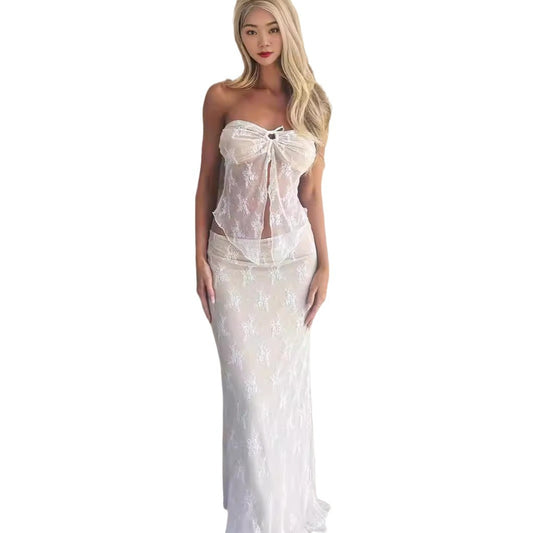 Sexy lace patchwork chest hugging slim fit hip hugging mid length long skirt set