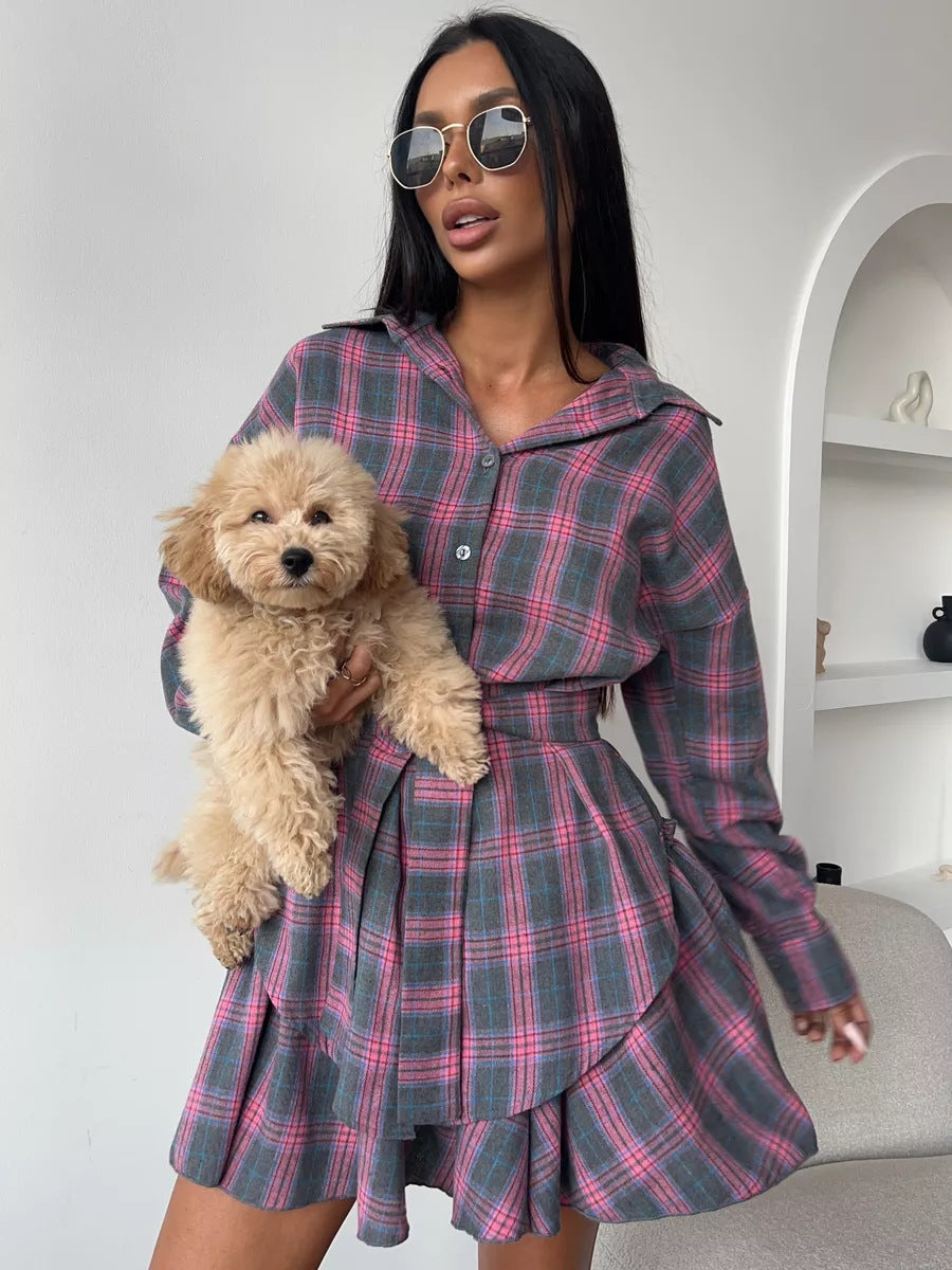 Casual Plaid Dress Set for Women - Notched Collar Loose Blouse with Belted Waist Skirt Two-Piece Set