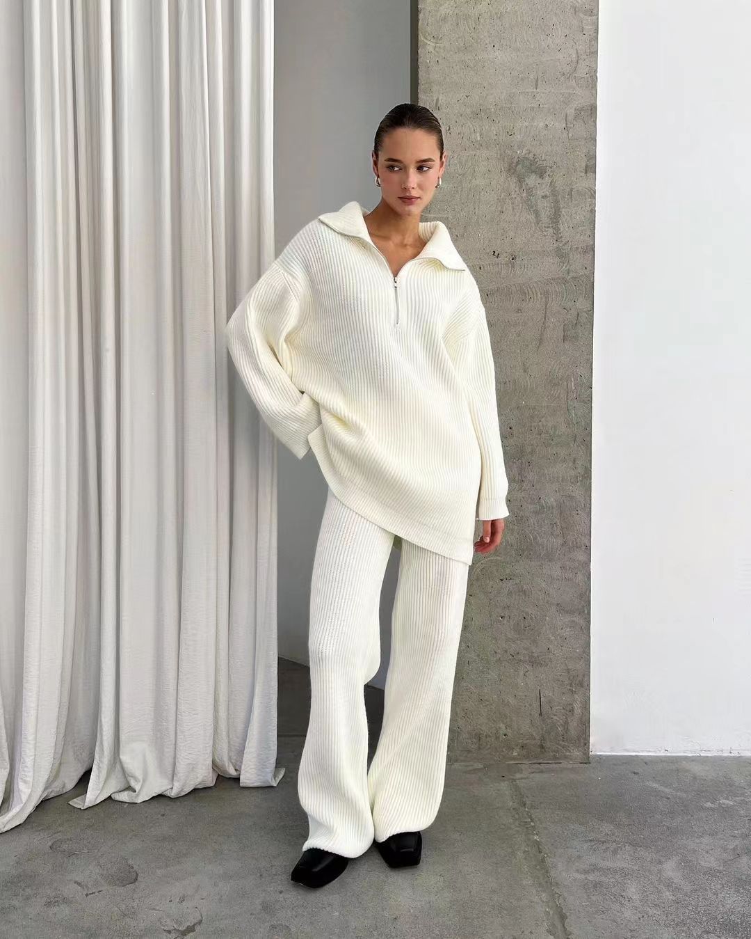 Women's Autumn and Winter Half-Zip Sweater Knit Straight Leg Long Pants Two-Piece Set