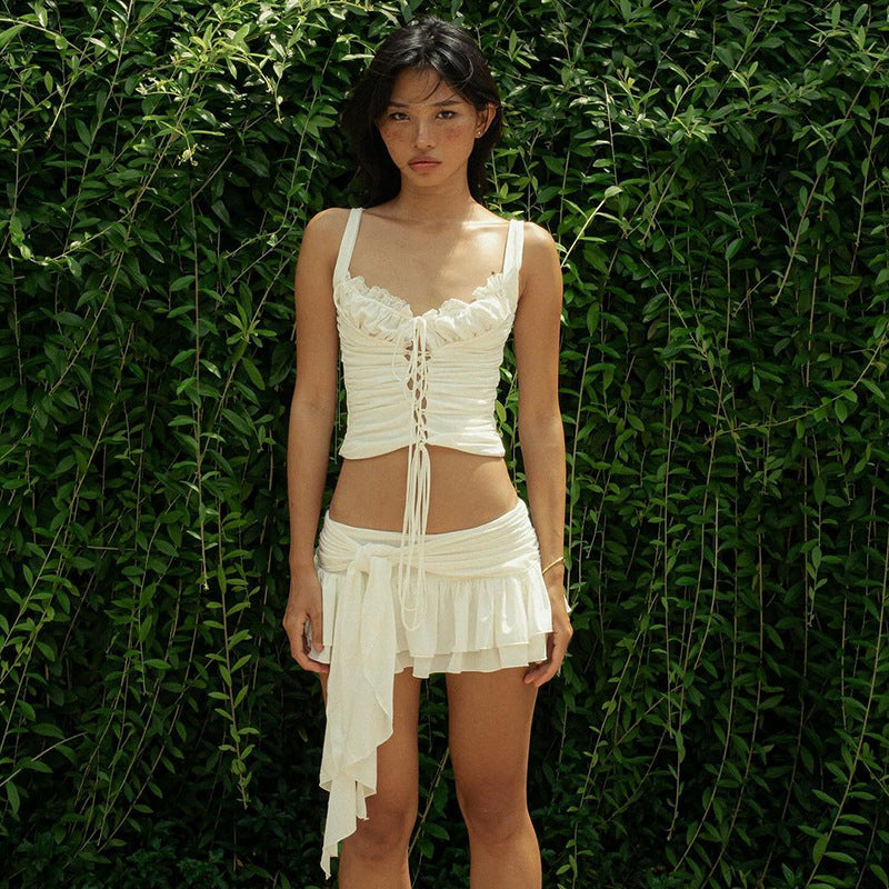 Lover's Memory  Style Pure Temptation Lace Bra Type Pleated Strap Back Top with Ruffle Double Layer Cake Skirt Set