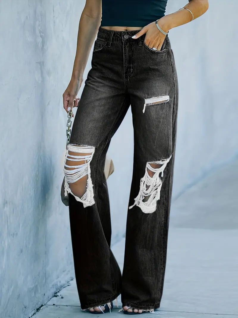 High Waist Ripped Trousers - Loose Straight Leg Denim