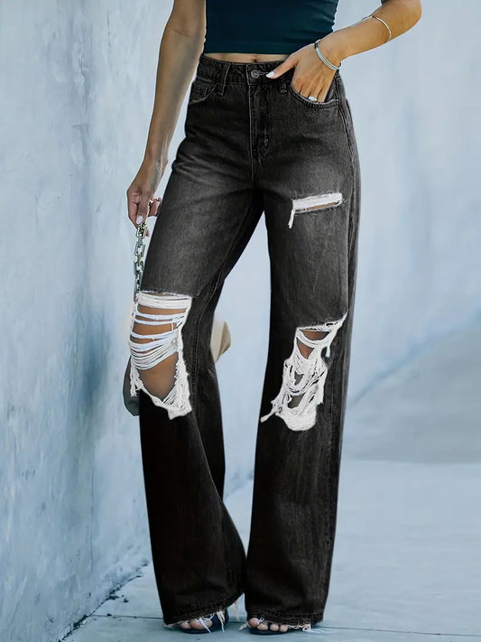 High Waist Ripped Trousers - Loose Straight Leg Denim
