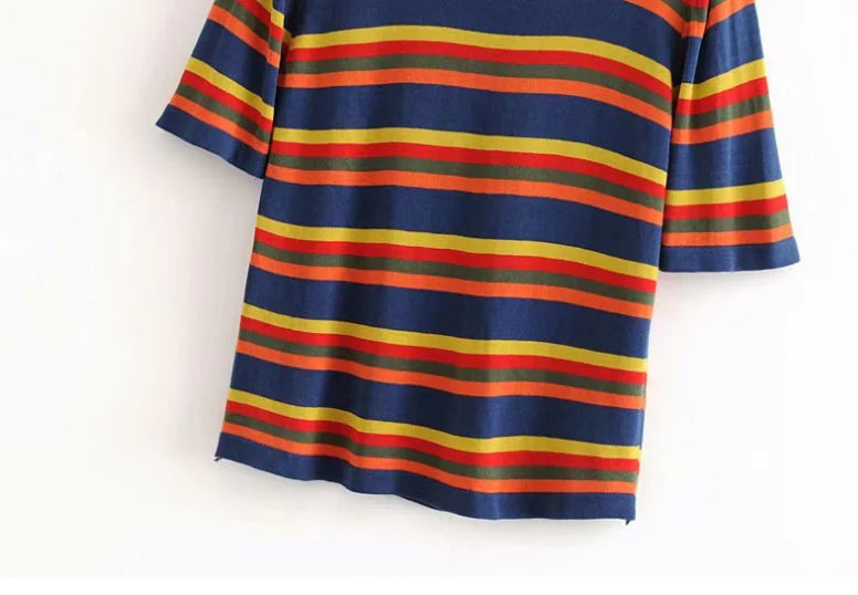 Colorful Striped Round Neck Short Sleeve Knit T-Shirt