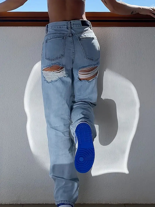 Women's Blue Ripped Straight Jeans with High Waist