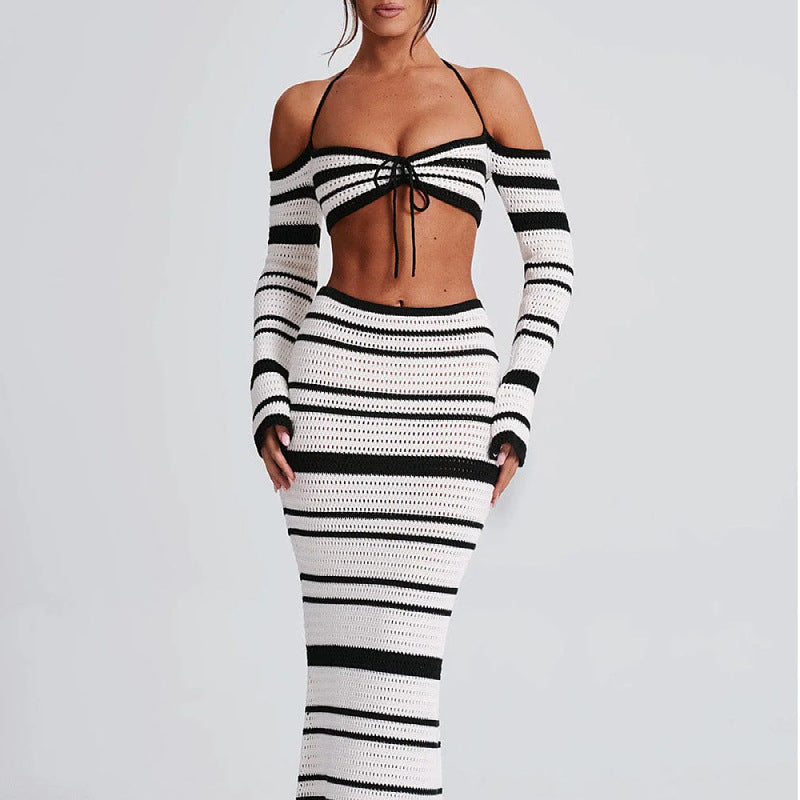 Women's Suit Summer Striped Long Sleeve Halter Top and Skirt Two-Piece Set