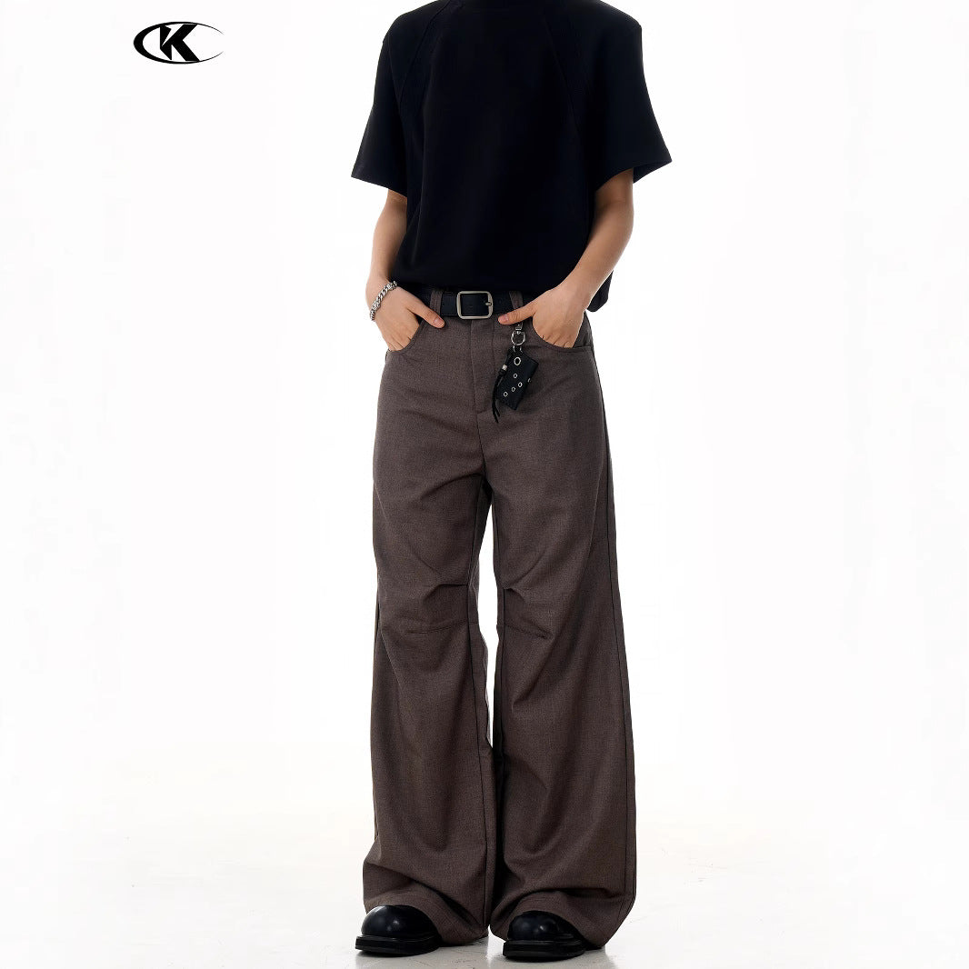 Flared Brown Trousers with Pleated Retro Design Loose Fit Casual Slim Long Pants