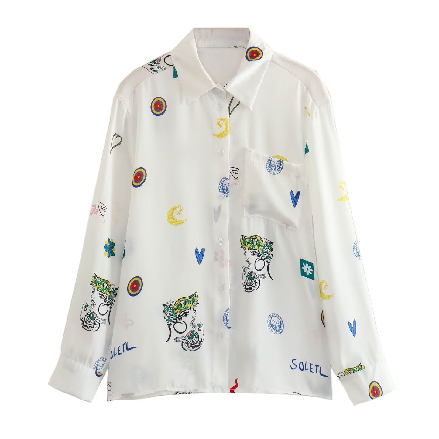 Women's Clothing Unique Graffiti Lantern Sleeve Cardigan Casual Fashion Printed Shirt + Long