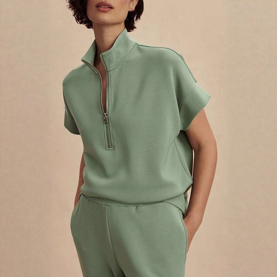Autumn and Winter New Short Sleeve Zipper Collar Suit INS Loose Casual Long Pants Two-Piece Set for Women