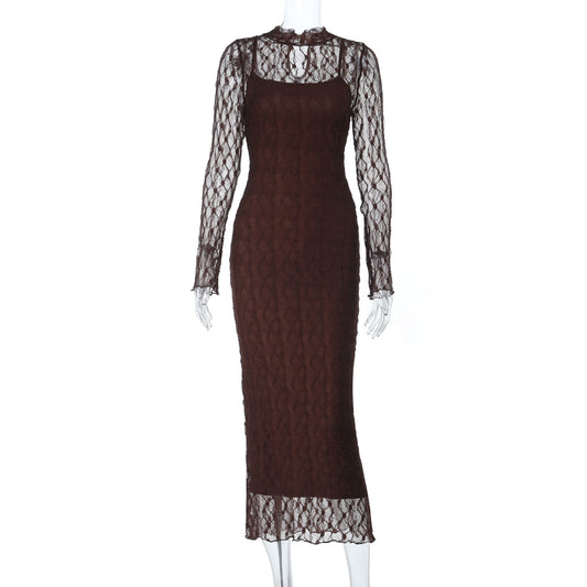 Sexy Mesh Hollow-out Long Sleeve Strap Dress Set