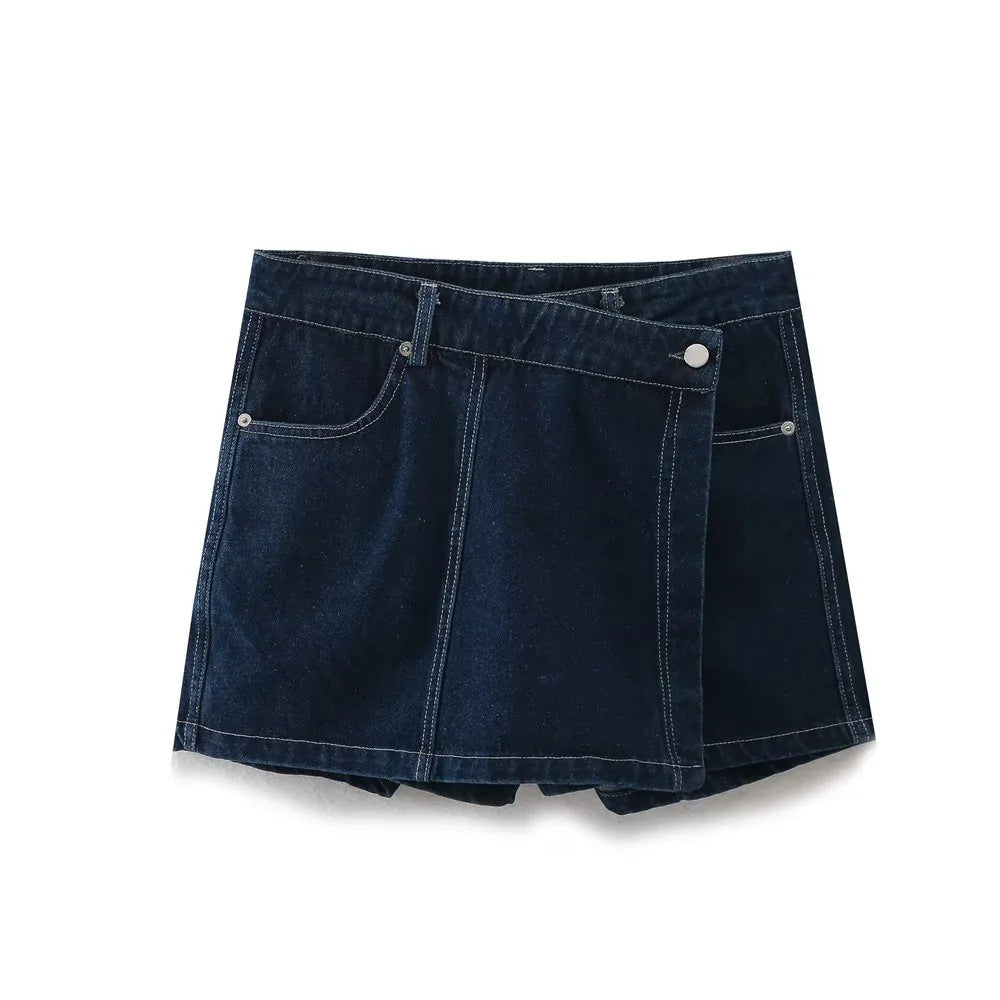 Women's Fashion Denim Short Sleeve Top + Double-breasted Denim Skirt Set