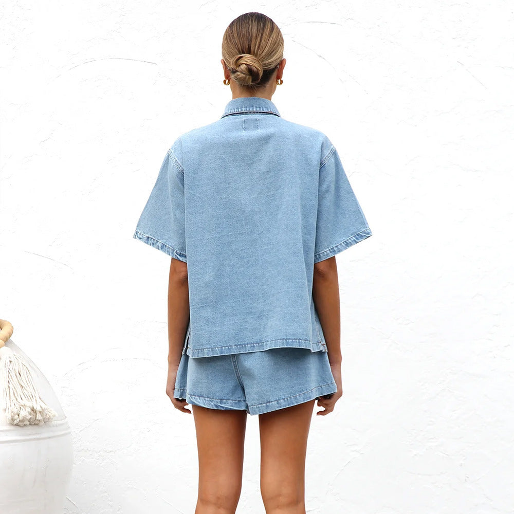 Loose pocket short sleeved shirt shorts denim two-piece set