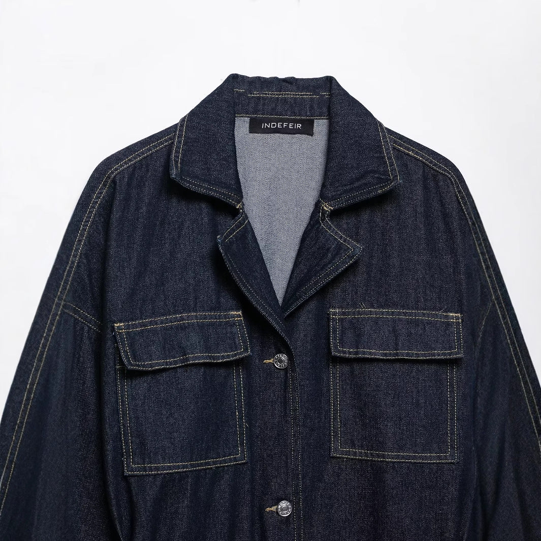 Women's Fashion Waist Belted Waistband Turn-down Collar Denim Jacket