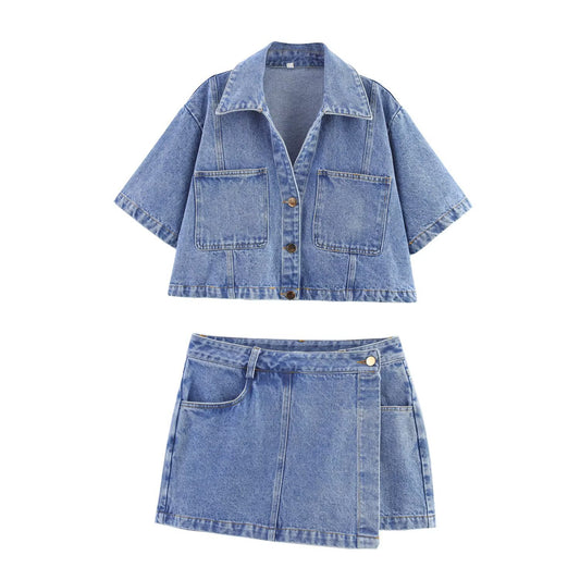 Women's Short Denim Shirt + Skirt Pants - Lapel Design