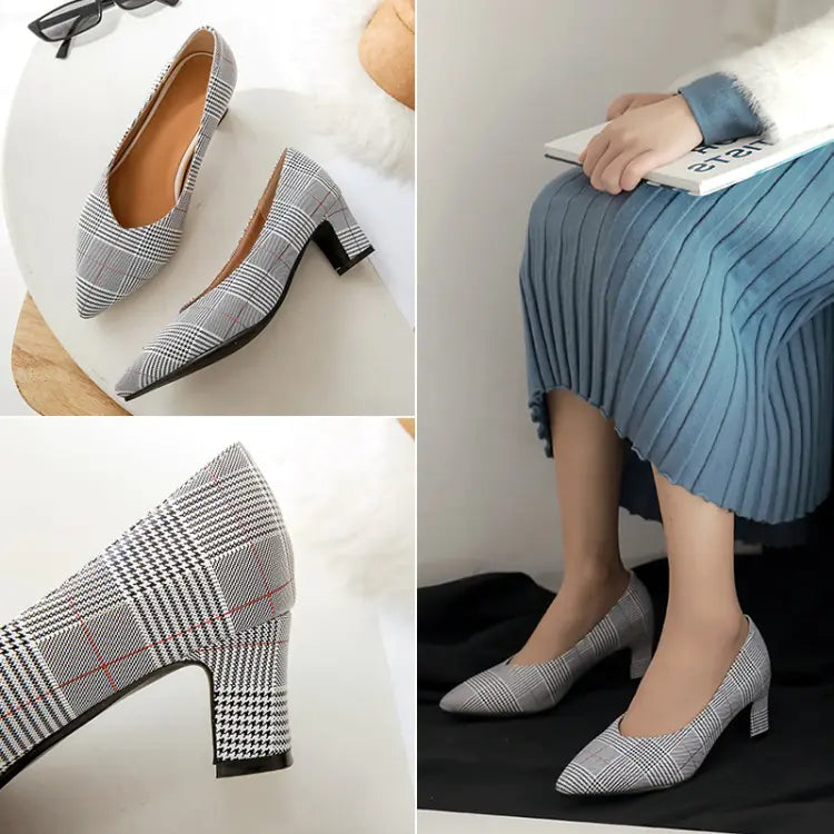 Elegant Checkered Pointed-Toe Mid-Heel Women's Shoes