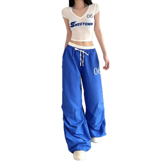 Sweet and Spicy Style Casual Three-Piece Set Lightweight Transparent T-Shirt + Color-Block Elastic Waist Loose Long Pants