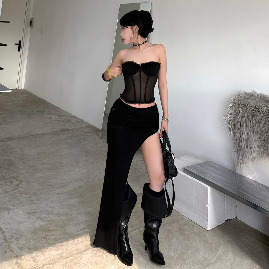 Temperament slim fit versatile top irregular skirt set