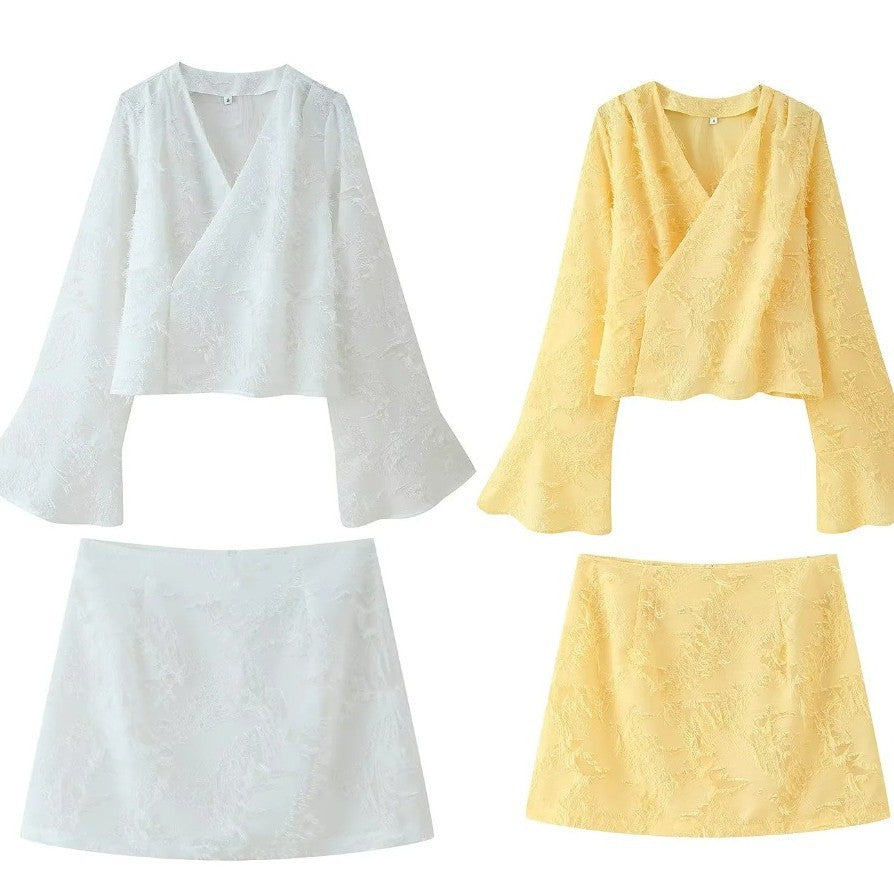Women's Clothing INS Embossed Long Sleeve V-neck Bodycon Mini Skirt Loose Top Set