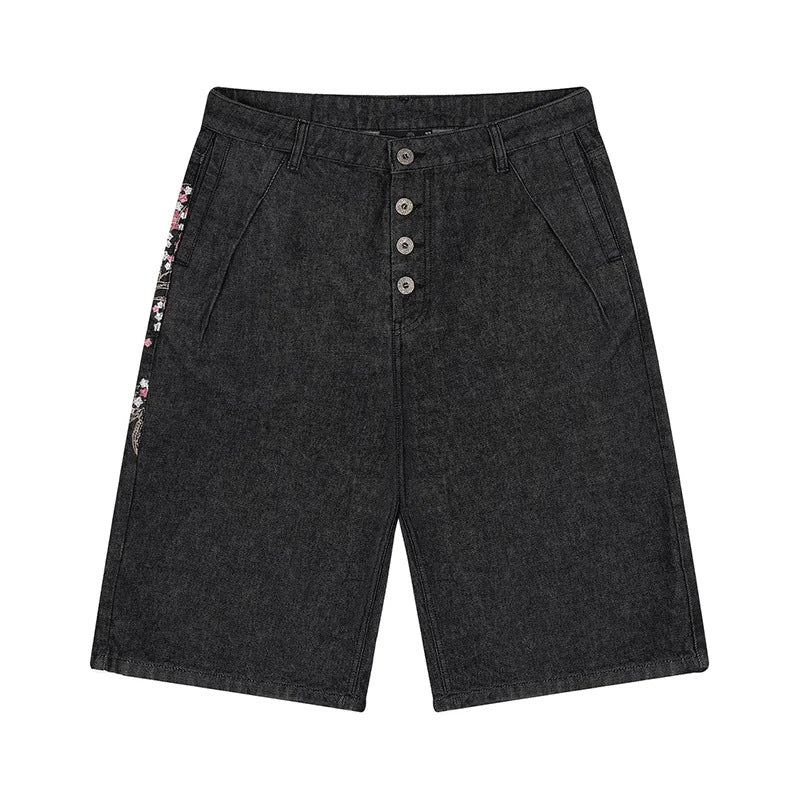 Retro Derschutze Embroidered Washed Denim Shorts High Street Three-Quarter Pants