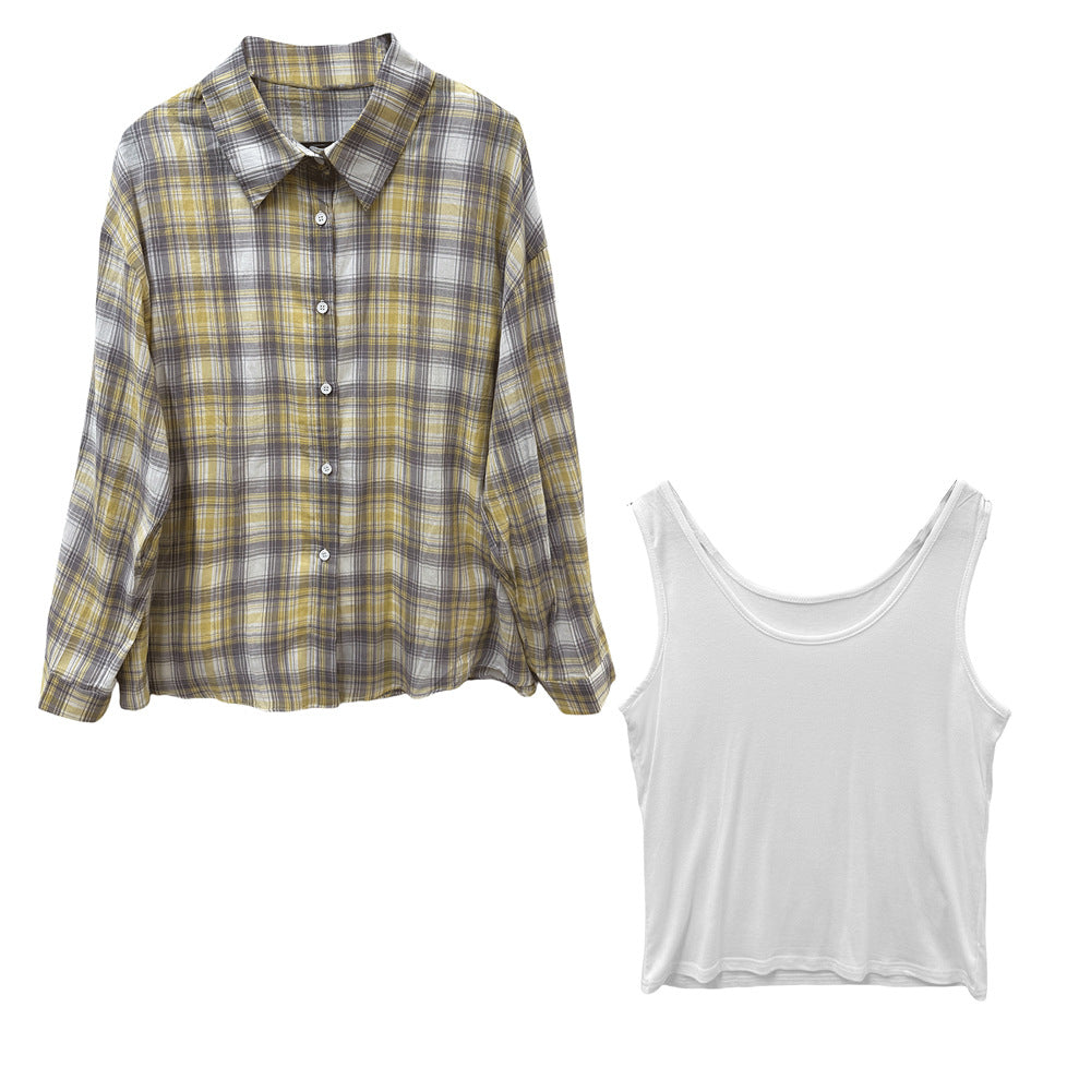 Vintage Plaid Long Sleeve Shirt + Inner Vest Stylish Top Two-Piece Set